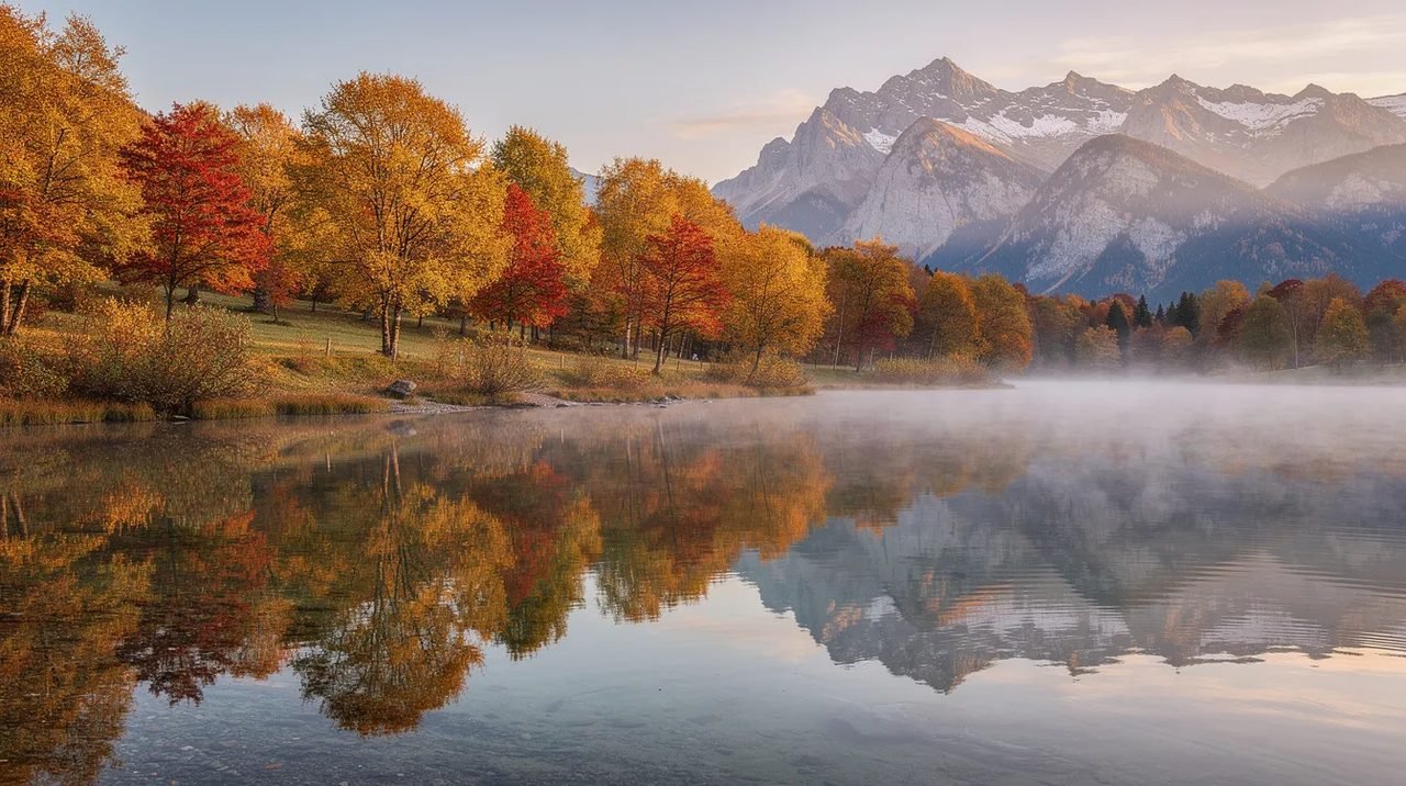 Reflexos vibrantes de árvores coloridas de outono na superfície tranquila de um lago, com montanhas majestosas ao fundo, criando uma cena serena que remete à beleza natural dos lagos de Plitvice, na Croácia. A imagem captura a harmonia entre a vegetação e a água, típica do Parque Nacional dos Lagos.