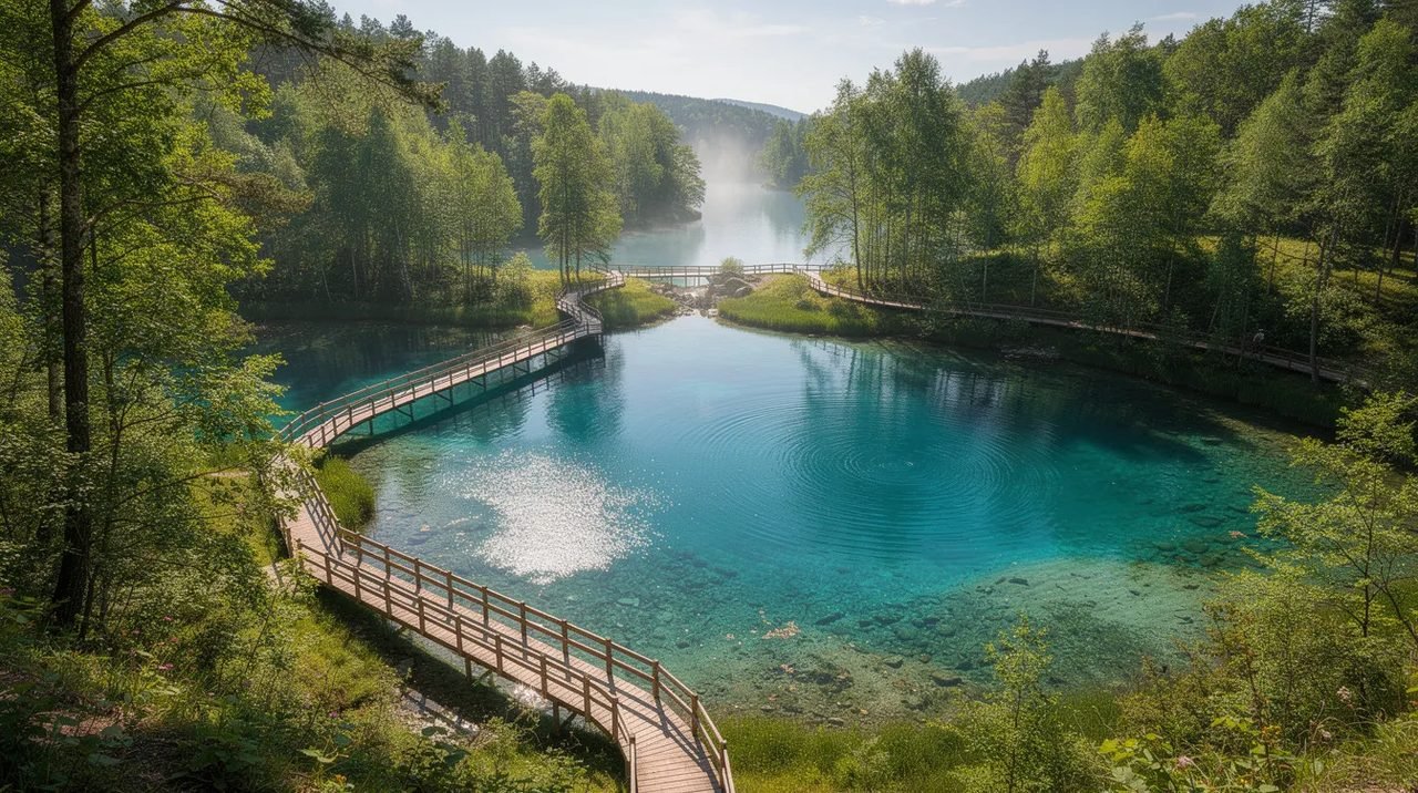 A imagem mostra uma vista panorâmica deslumbrante dos lagos de Plitvice, com suas águas turquesa cercadas por uma densa floresta verde. Passarelas de madeira serpenteiam sobre a água, proporcionando um acesso encantador às belezas naturais do parque nacional dos lagos, um patrimônio mundial da UNESCO na Croácia.