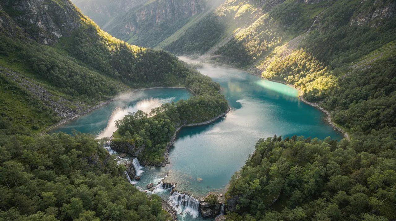 Vista aérea dos lagos de Plitvice, com suas águas cristalinas em tons de azul, cercados por densa floresta verde e montanhas. A imagem destaca as cascatas que conectam os lagos superiores e inferiores, criando uma paisagem deslumbrante no Parque Nacional da Croácia, reconhecido como Patrimônio Mundial pela UNESCO.