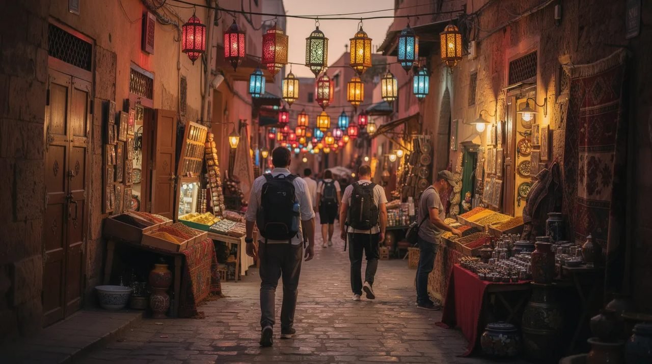 Viajantes exploram uma medina marroquina, cercados por mercados vibrantes e lanternas coloridas que iluminam as passagens estreitas. A cena captura a essência do destino, com pessoas interagindo e desfrutando da rica cultura local.