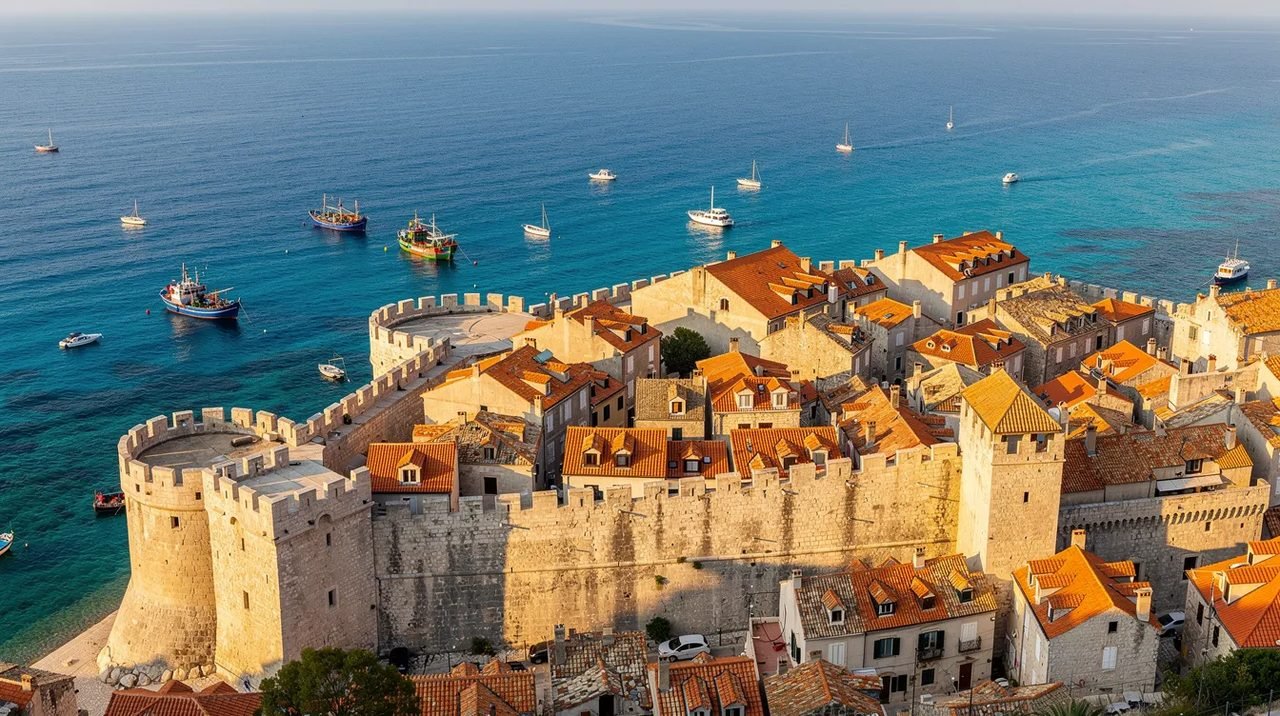 Vista panorâmica de uma cidade murada na Croácia, com telhados alaranjados e o Mar Adriático de um azul cristalino ao fundo. As muralhas históricas cercam a cidade antiga, criando uma atmosfera encantadora e convidativa para turistas.