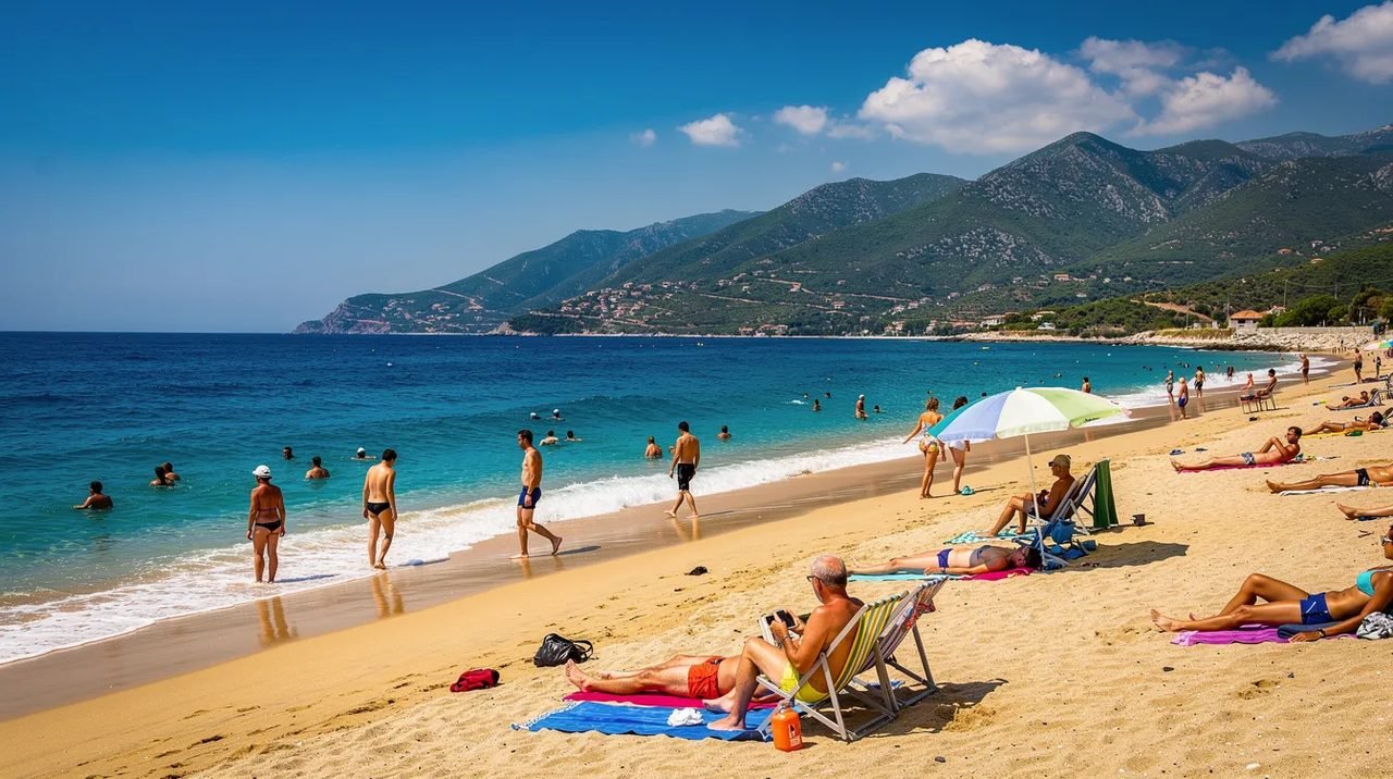Imagem de uma praia mediterrânea na Croácia, onde pessoas desfrutam do sol e da água azul-turquesa, com montanhas verdes ao fundo, criando uma atmosfera relaxante. Essa cena reflete a beleza natural do país, ideal para quem busca turismo de qualidade e custo benefício.