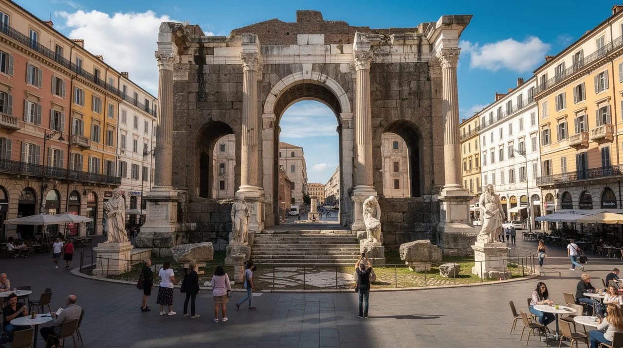 Imagem de ruínas romanas com colunas e arcos antigos, situadas em uma praça movimentada de uma cidade europeia. O cenário reflete a rica história da região, evocando a atmosfera do centro histórico de cidades croatas, como Dubrovnik ou Split, com turistas apreciando as atrações.