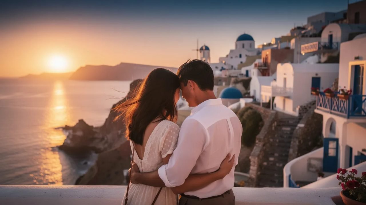 Um casal abraçado observa o pôr do sol em uma ilha grega, com casas brancas ao fundo, criando uma cena romântica e tranquila. A paisagem é emoldurada por montanhas e o céu é pintado com cores quentes, refletindo a beleza do destino turístico.