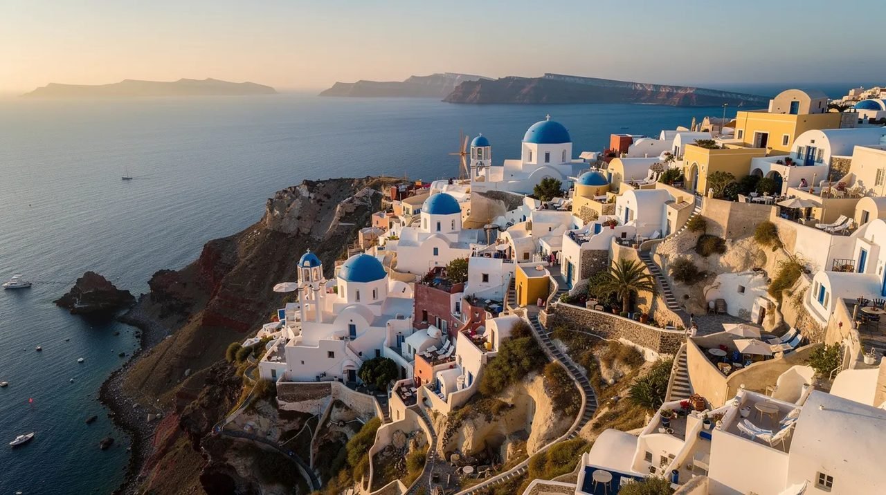 Vista aérea deslumbrante de Santorini, onde se destacam casas brancas com cúpulas azuis, cercadas pelo mar Egeu em um cenário de beleza única, ideal para turistas em busca de destinos paradisíacos. As paisagens dessa ilha grega são um convite para uma viagem inesquecível.