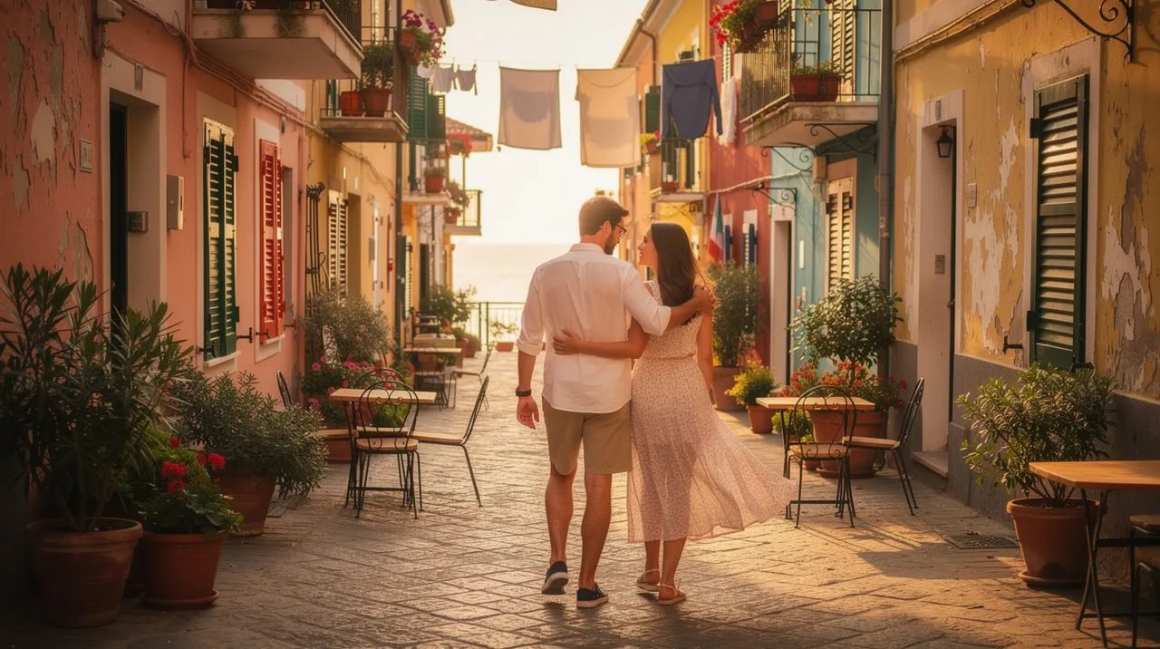 Um casal caminha de mãos dadas por uma rua estreita e colorida de uma cidade mediterrânea, cercada por edifícios vibrantes e flores, criando uma atmosfera romântica e acolhedora. Essa cena evoca a experiência de explorar destinos turísticos encantadores, repletos de belezas e cultura.