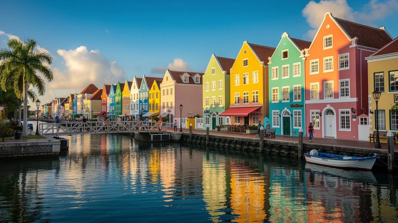 A imagem apresenta coloridos edifícios coloniais holandeses ao longo de um canal à beira-mar no Caribe, com uma ponte flutuante ao fundo. Este cenário encantador é típico de Curaçao, um destino popular com águas azul turquesa e rica arquitetura.