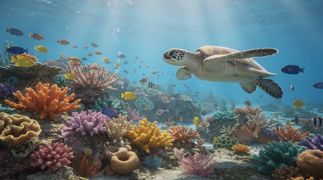 Cena subaquática vibrante mostrando um recife de corais coloridos, repleto de peixes tropicais e uma tartaruga marinha nadando tranquilamente. Este ambiente marinho é uma experiência única que remete às belezas do Caribe, como as ilhas de Curaçao, com suas águas azul turquesa e rica vida marinha.