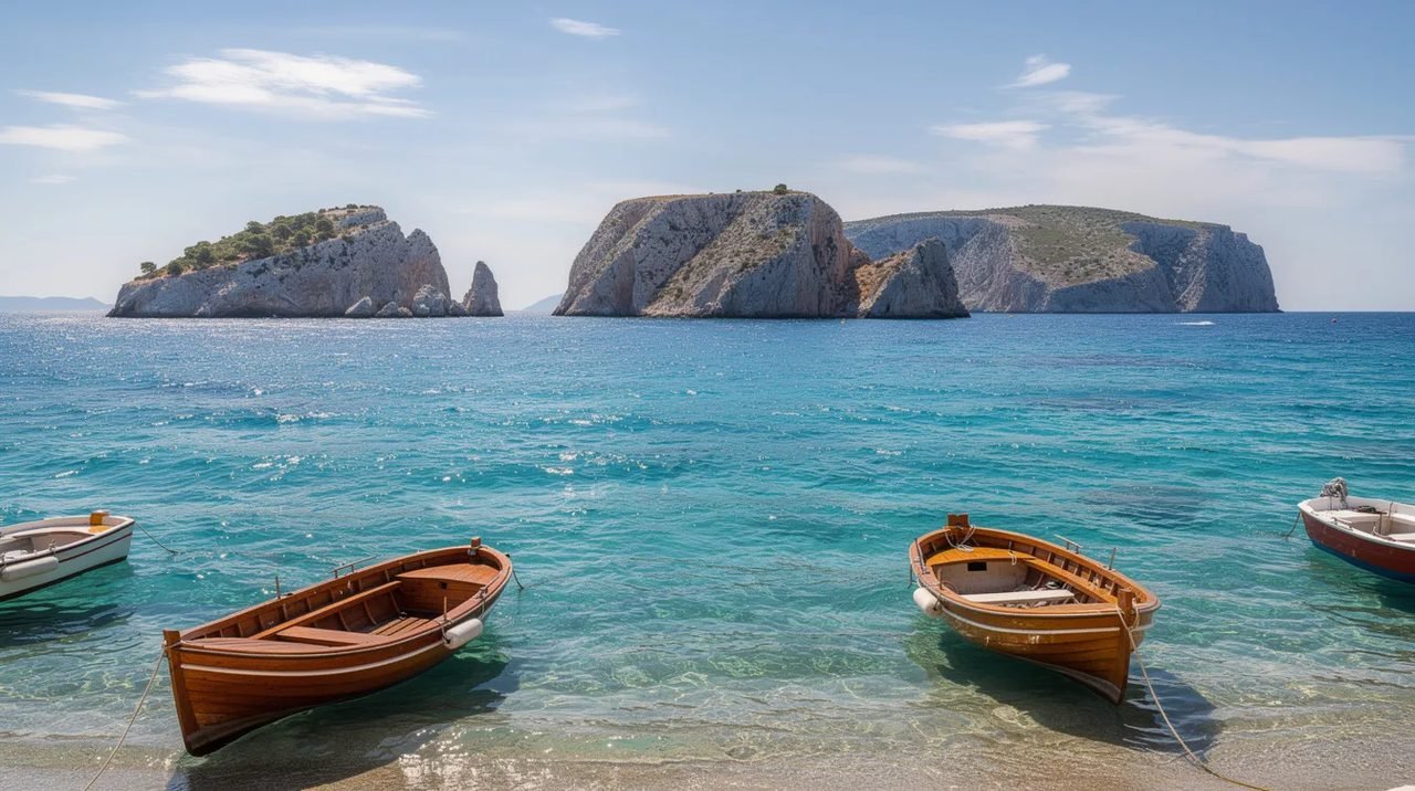 Vista panorâmica da costa croata, destacando o mar azul cristalino e ilhas rochosas ao fundo, com barcos de madeira navegando em primeiro plano. A imagem captura a beleza natural e o clima mediterrâneo da região, um destino turístico popular na Croácia.