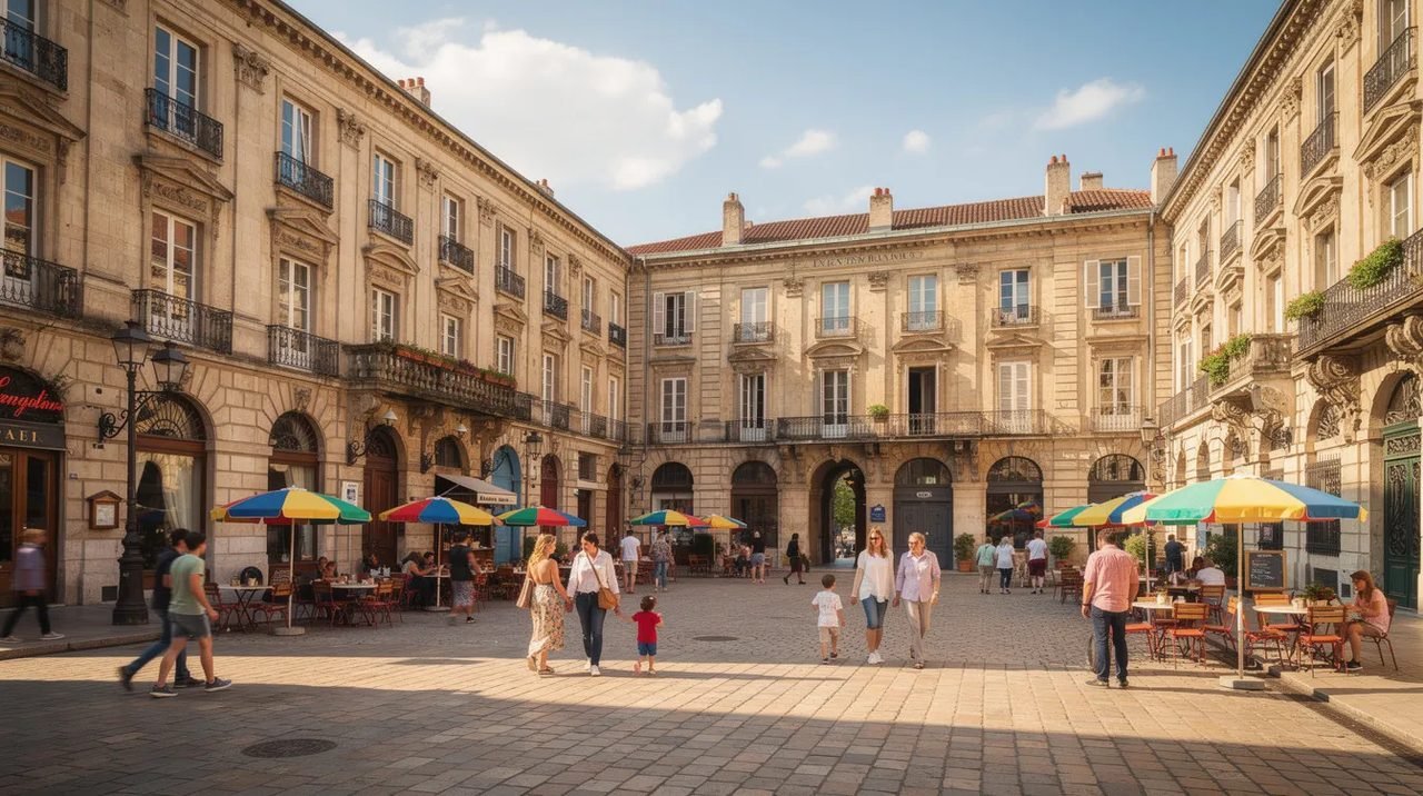 A imagem mostra uma praça europeia vibrante, repleta de arquitetura histórica, com cafés ao ar livre onde pessoas desfrutam de um dia ensolarado. O ambiente é animado, refletindo a cultura e o turismo da região, possivelmente da Croácia, com passagens que conectam diferentes áreas da cidade.