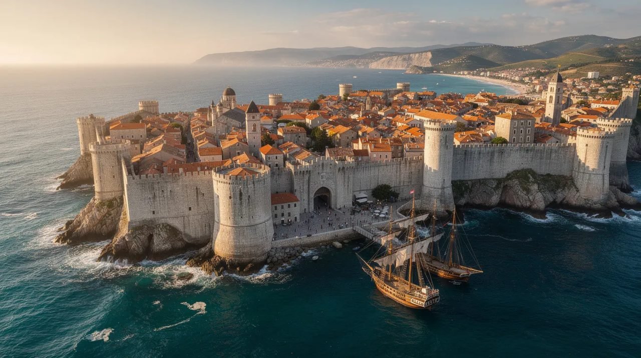 A imagem retrata uma cidade medieval murada à beira do mar, com telhados alaranjados contrastando com as águas azuis ao redor. Este cenário pitoresco, típico da Croácia, evoca a rica história e cultura da região, atraindo turistas em busca de destinos encantadores.