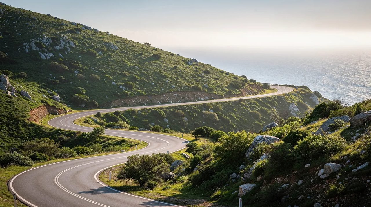 Imagem de uma estrada sinuosa que se estende por uma montanha verde, com uma vista deslumbrante para o mar ao fundo. A cena captura a beleza natural do Montenegro, com vegetação exuberante e o horizonte do mar ao longe, ideal para uma viagem exploratória.