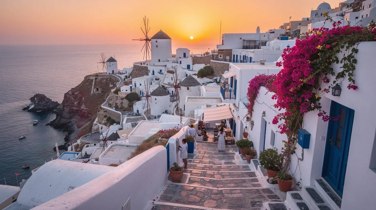 Imagem de Mykonos, uma das ilhas mais famosas da Grécia, com suas casas brancas e azuis à beira-mar, rodeadas por águas cristalinas. O cenário é perfeito para viajantes que buscam destinos paradisíacos, com opções de hotéis e estadias para todos os gostos.
