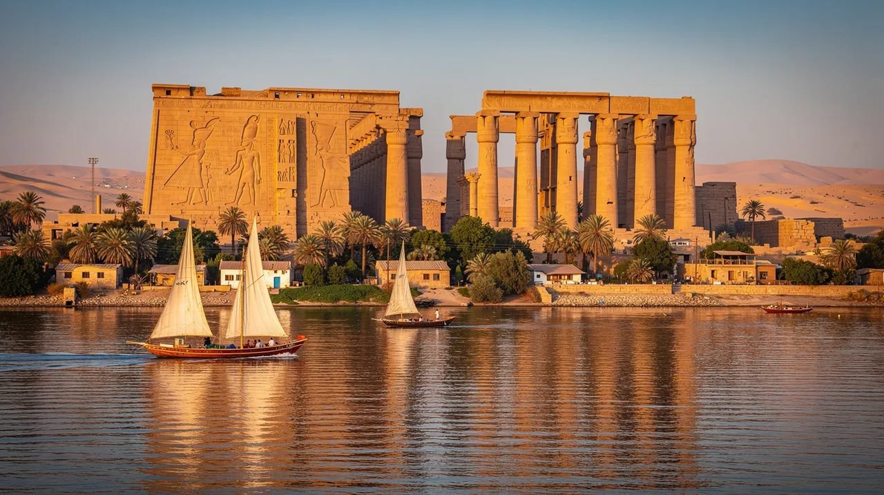 A imagem retrata a cidade de Luxor, no Egito, com destaque para o majestoso Templo de Luxor, cercado por turistas que exploram as ruínas do Antigo Egito. Ao fundo, é possível ver o Rio Nilo, que banha a margem ocidental, onde se localizam importantes monumentos e túmulos dos faraós.