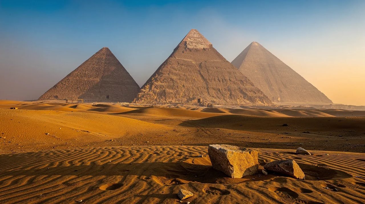 A imagem mostra as imponentes pirâmides do Egito, localizadas na planície de Gizé, cercadas por turistas que admiram essas grandiosas estruturas da civilização do Antigo Egito. Ao fundo, é possível ver o deserto e o céu azul, criando um contraste marcante com as pirâmides.