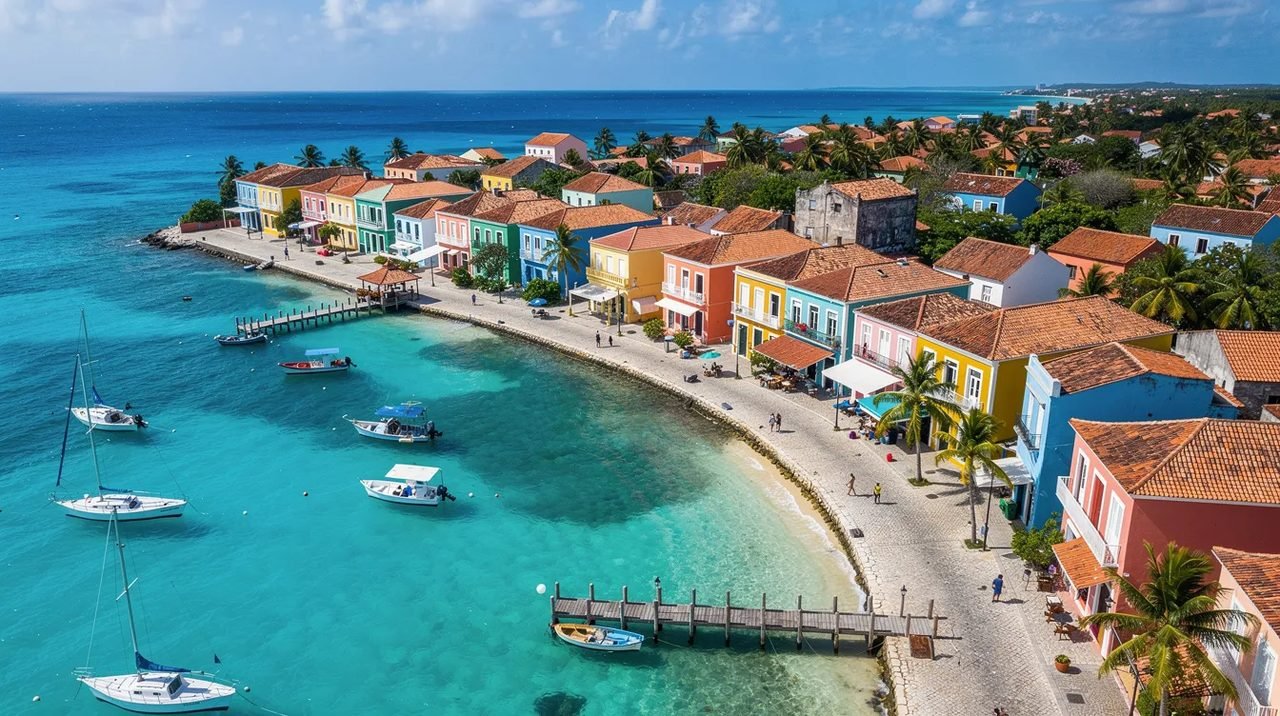 Vista aérea de uma colorida cidade costeira caribenha, com edifícios coloniais ao longo de águas azul turquesa, representando o charme de Curaçao, um destino popular nas Antilhas Holandesas. A imagem destaca a beleza do centro histórico e suas praias paradisíacas, convidando turistas a explorarem a diversidade cultural da ilha.