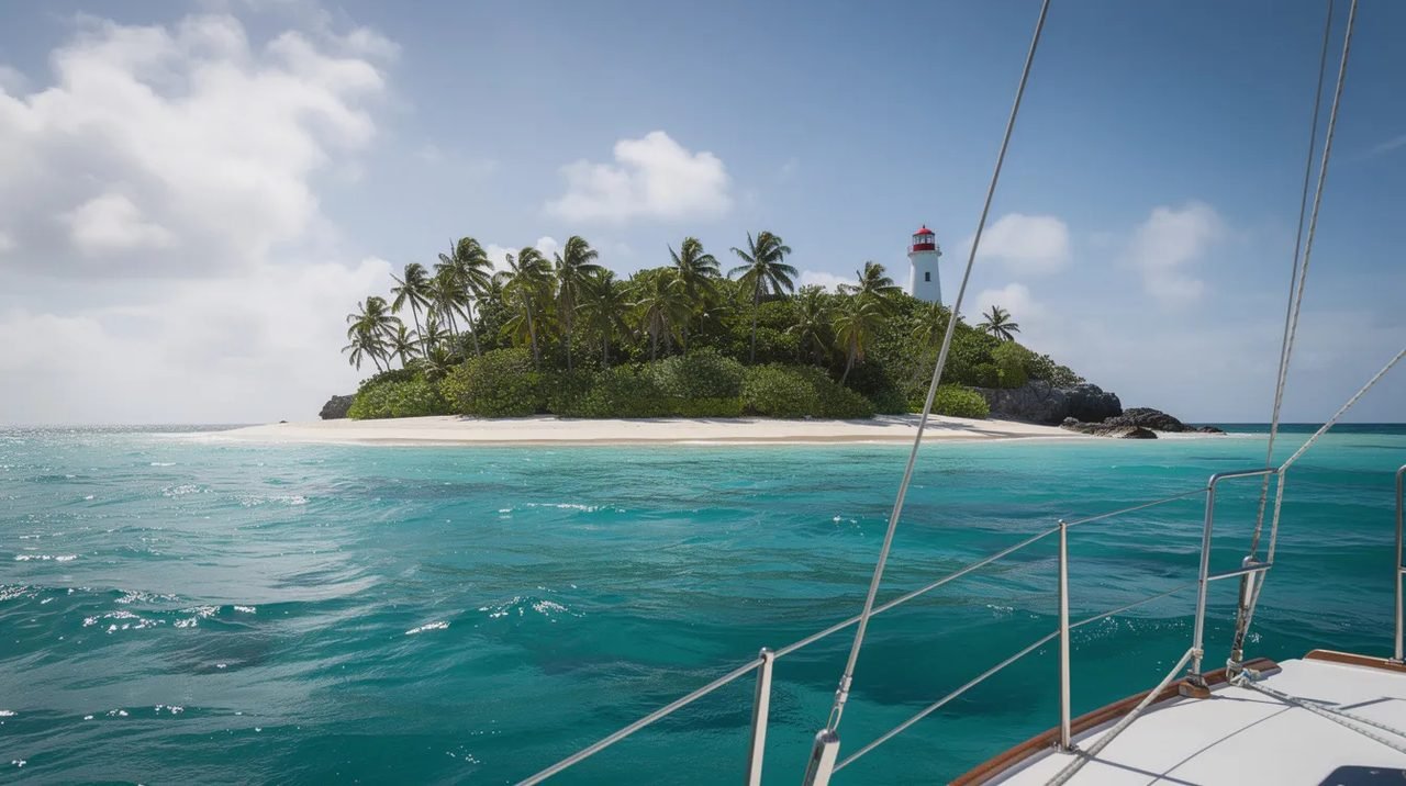 Uma pequena ilha tropical desabitada é vista a partir de um barco à vela, com um farol ao fundo. As águas ao redor são de um azul turquesa vibrante, característico das ilhas do Caribe, como Curaçao.