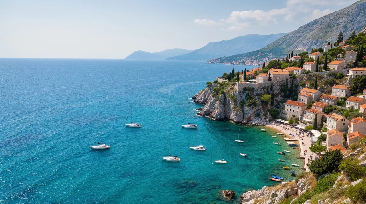 Vista panorâmica da costa croata, com águas turquesa do mar Adriático, barcos ancorados e construções de telhados alaranjados situadas em uma encosta rochosa, refletindo a beleza da região e a história das cidades como Dubrovnik.