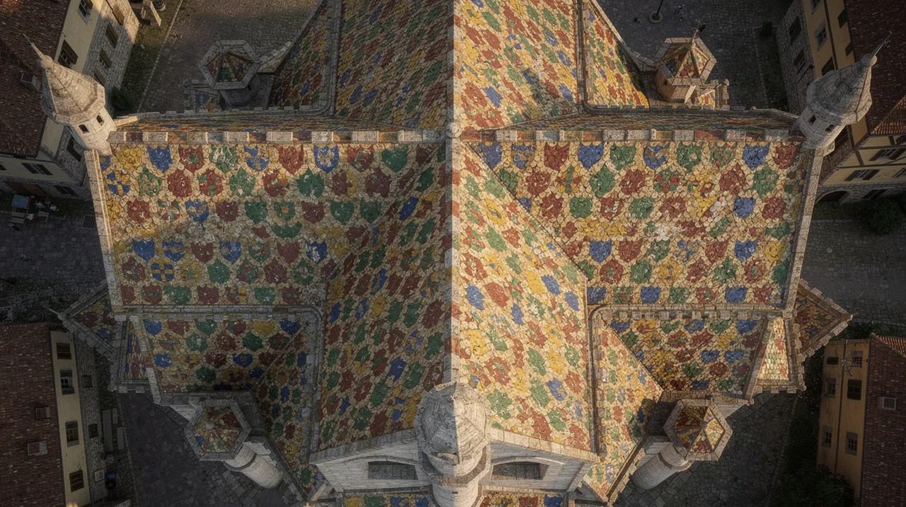 Vista aérea de um telhado colorido, adornado com azulejos em formato de brasões, de uma igreja medieval europeia, provavelmente a Igreja de São Marcos, localizada na cidade alta de Zagreb, Croácia. O cenário destaca a rica história e arquitetura da região, refletindo a beleza do centro histórico e sua conexão com a Idade Média.