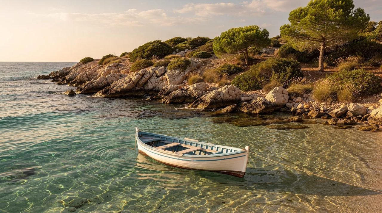 Um pequeno barco navega em águas cristalinas turquesa, próximo a uma costa rochosa adornada com vegetação mediterrânea, típica da Croácia. Ao fundo, pode-se imaginar a beleza das cidades históricas da região, como Dubrovnik e Split, que atraem visitantes em busca de história e natureza.