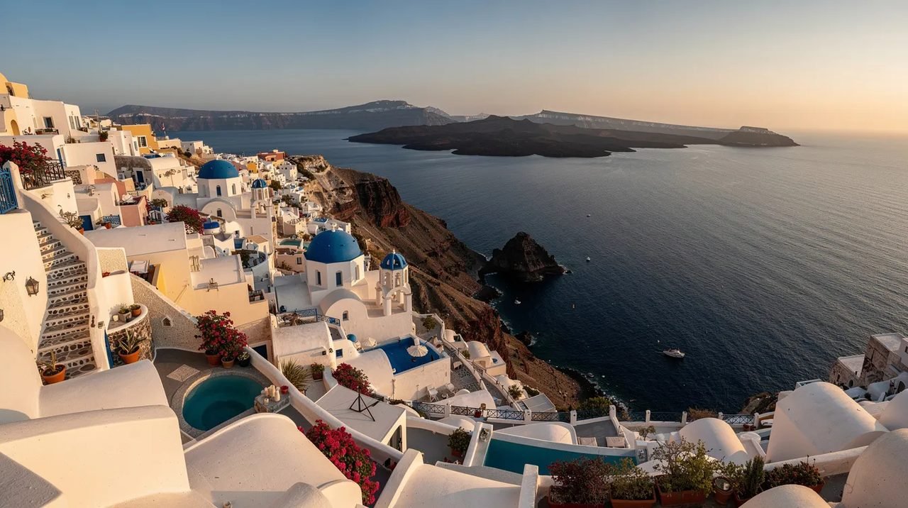 Vista panorâmica de Santorini, com suas casas brancas e cúpulas azuis, se estendendo sobre o profundo mar Egeu e a caldeira vulcânica, representando a beleza das cidades gregas no arquipélago das ilhas Cíclades. A imagem captura a essência da Grécia antiga, onde a história e a cultura se encontram à beira do mar.