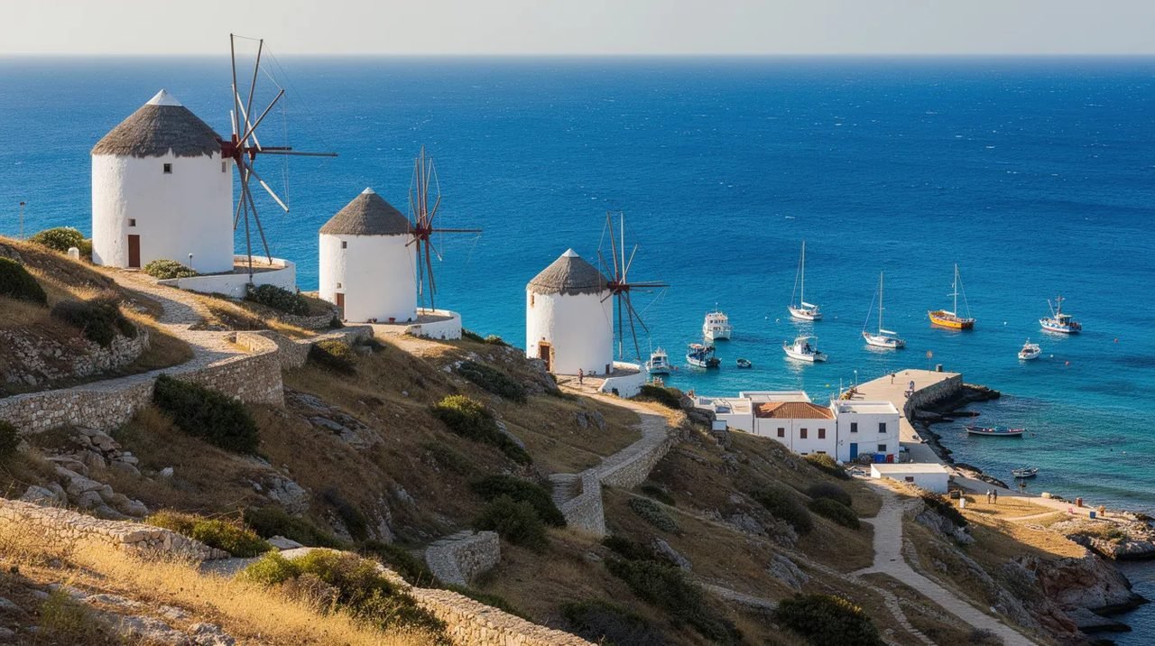 Imagem de moinhos de vento brancos em uma colina, com vista para o mar Egeu de um azul vibrante, onde pequenas embarcações estão ancoradas no porto. Este cenário remete à Grécia antiga, evocando a beleza das ilhas Cíclades e a rica história da civilização ocidental.