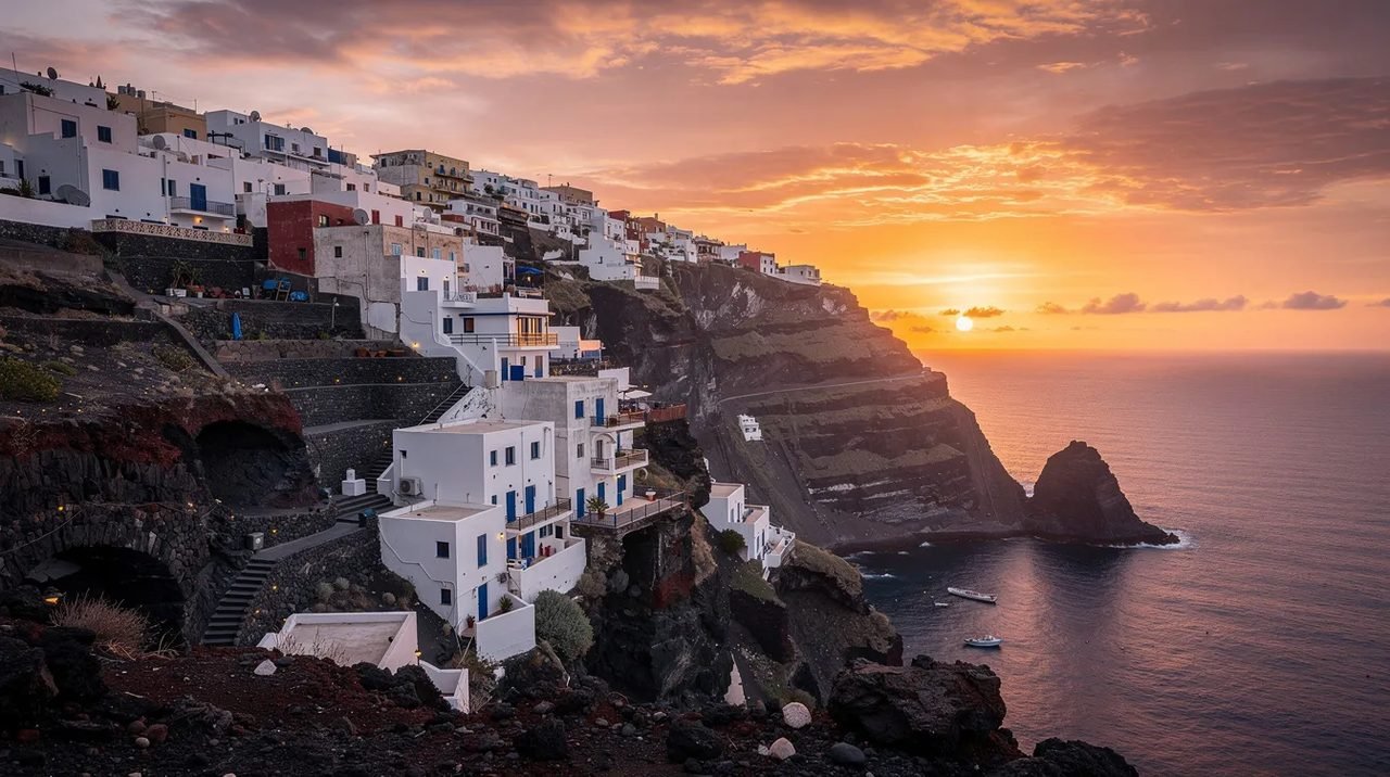 O pôr do sol dramático ilumina o céu com tons de laranja e rosa, enquanto as construções brancas estão empoleiradas nas falésias vulcânicas, oferecendo uma vista deslumbrante para o mar Egeu. Essa cena remete à beleza das cidades gregas, como Santorini, no arquipélago das ilhas Cíclades, onde a civilização ocidental começou a se desenvolver.