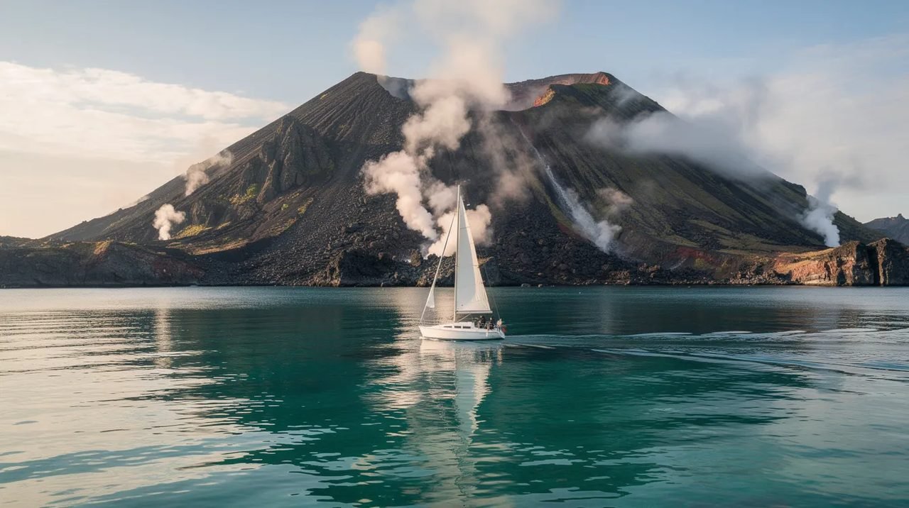 Um pequeno barco à vela navega em águas turquesa calmas, próximo a uma ilha vulcânica onde se pode ver vapor subindo do terreno rochoso. A cena evoca a beleza natural das ilhas gregas, como as do arquipélago das ilhas Cíclades, destacando a tranquilidade do mar Egeu.