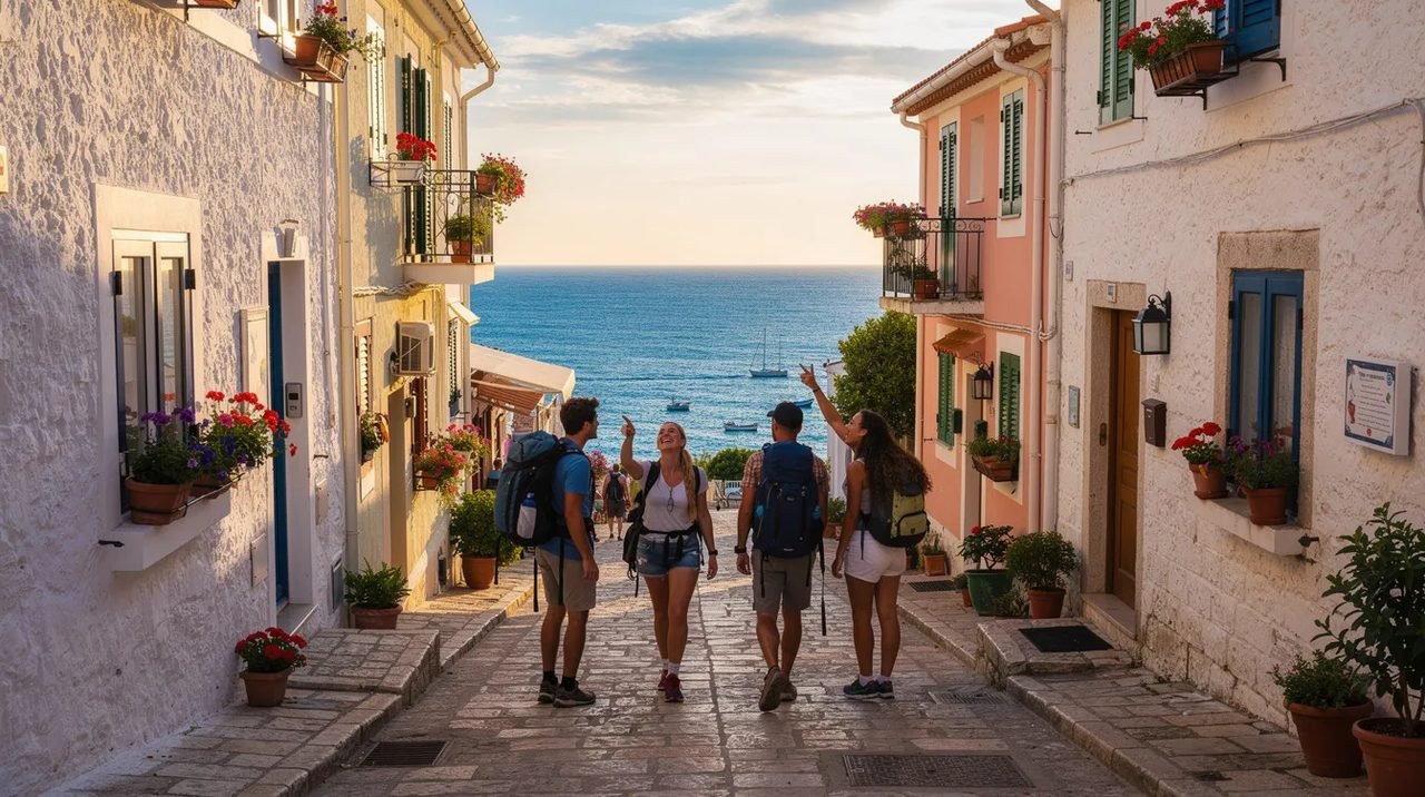 Viajantes caminhando por uma vila costeira europeia, com casas de arquitetura típica e mar azul ao fundo, evocando a beleza das regiões costeiras da Grécia e Croácia. A cena retrata um ambiente acolhedor e vibrante, ideal para turistas que buscam explorar a cultura e a história local.