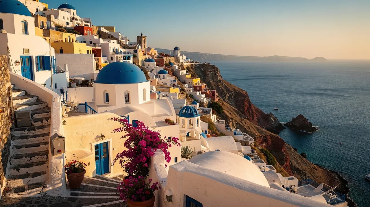 A imagem mostra casas brancas e azuis típicas de uma ilha grega, com o mar Egeu ao fundo, refletindo a beleza e a arquitetura característica da Grécia. O cenário evoca a cultura mediterrânea e a tranquilidade das ilhas, atraindo turistas em busca de paisagens deslumbrantes.