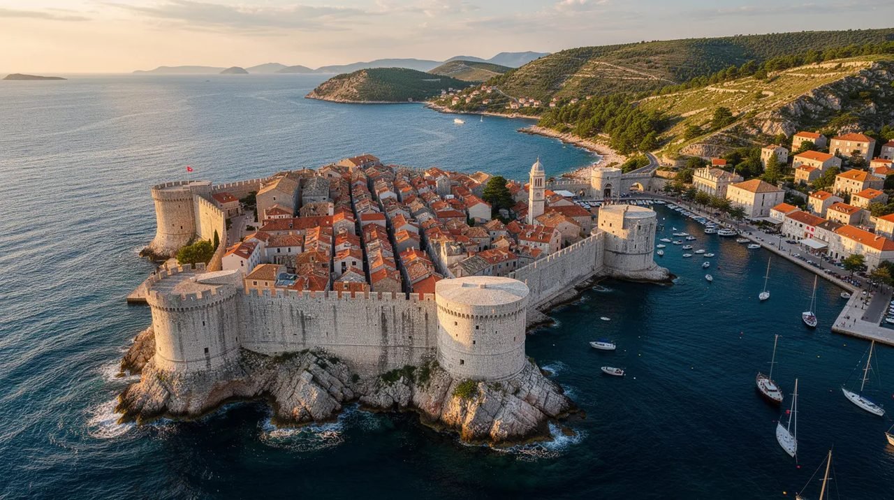 Vista aérea de uma cidade medieval costeira na Croácia, com suas muralhas imponentes cercando o centro histórico e o mar Adriático ao fundo, refletindo a rica história e cultura da região. A arquitetura antiga e o clima mediterrâneo tornam este local um destino atraente para turistas que buscam explorar as cidades da Europa.