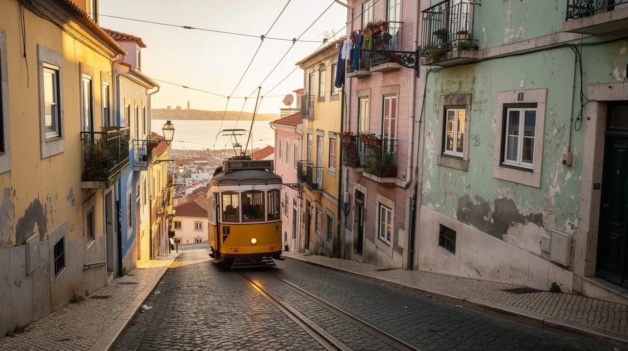 A imagem mostra uma rua antiga de Lisboa, com um bondinho amarelo característico e fachadas coloridas que refletem a rica cultura e história da cidade. O cenário é vibrante, destacando a arquitetura típica e o charme das ruas portuguesas.