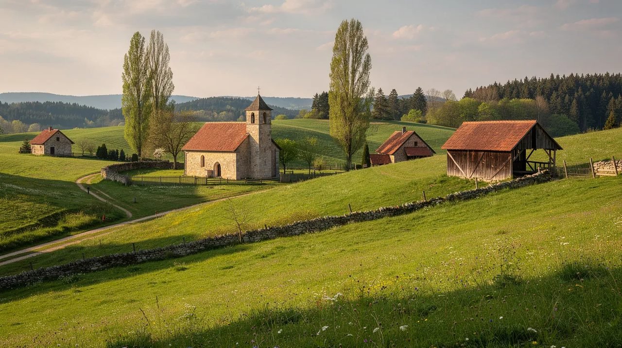 A imagem retrata uma paisagem verdejante com colinas suaves, onde se destacam construções históricas típicas da zona rural da Europa Central, evocando a tranquilidade e a beleza do campo europeu. Essa cena serena contrasta com a sombria história dos campos de concentração nazistas que marcaram a região durante a Segunda Guerra Mundial.