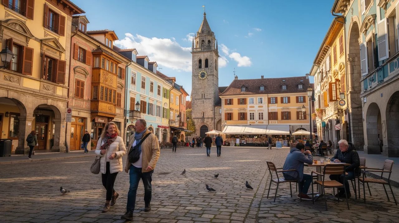 A imagem retrata uma praça histórica de uma cidade europeia, com edifícios coloridos ao redor e uma imponente torre de igreja ao fundo. Pessoas caminham sobre paralelepípedos, criando uma atmosfera vibrante e cultural.