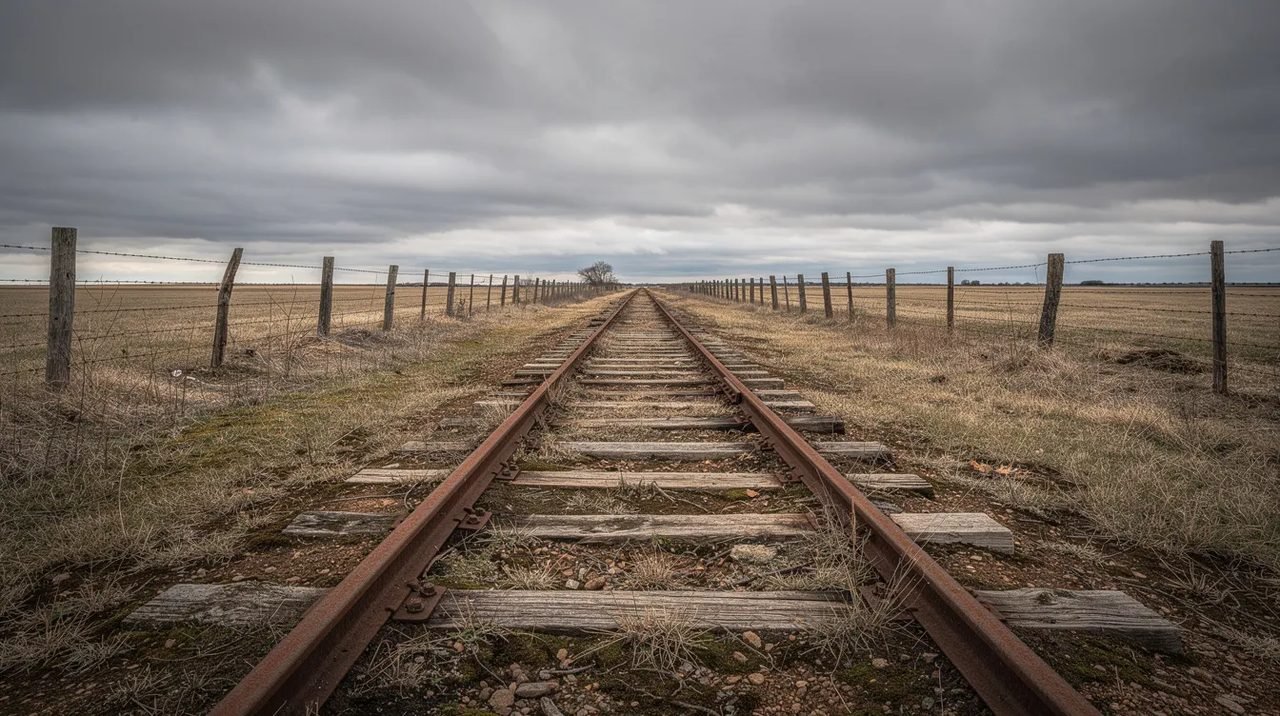 Imagem de trilhos de trem antigos atravessando um campo aberto e plano, com cercas de arame ao fundo sob um céu nublado, evocando a atmosfera sombria dos campos de concentração nazistas durante a Segunda Guerra Mundial. A cena remete à história trágica de milhões de pessoas que sofreram sob o regime nazista.