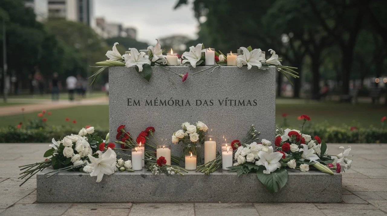 Um memorial de pedra ao ar livre, adornado com flores e velas, presta homenagem às vítimas dos campos de concentração nazistas, simbolizando a memória de milhões de pessoas que sofreram durante a Segunda Guerra Mundial. A cena evoca um profundo respeito e reflexão sobre os horrores do regime nazista e o extermínio de judeus e outras minorias.