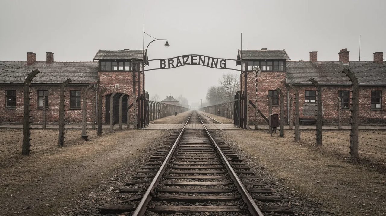 A imagem retrata o campo de concentração nazista de Auschwitz, um local histórico marcado por sua arquitetura sombria e pela memória das milhões de pessoas que sofreram durante a Segunda Guerra Mundial. O ambiente evoca uma reflexão profunda sobre os horrores do regime nazista e os campos de extermínio que foram parte desse período trágico da história.