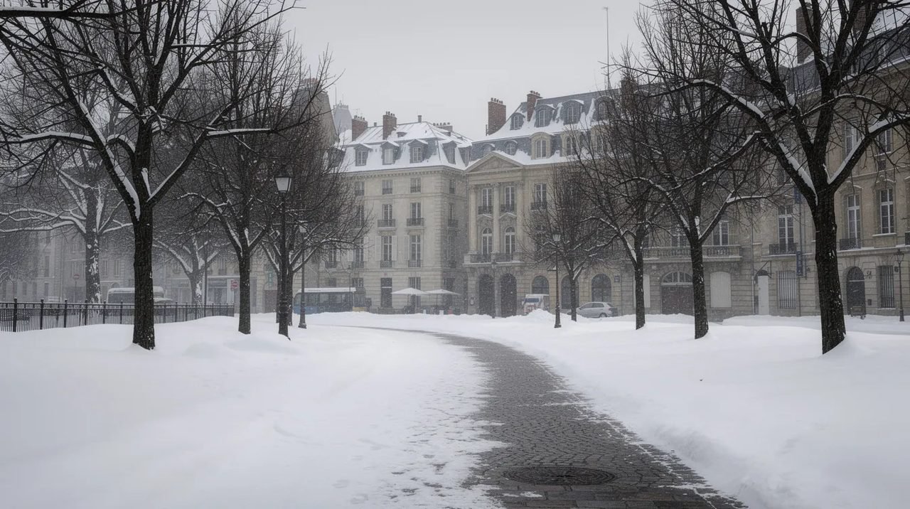 Uma paisagem europeia coberta de neve exibe árvores sem folhas e construções históricas ao fundo, evocando um ambiente sereno e invernal. A imagem sugere um contraste entre a beleza natural e a história marcada por eventos significativos, como os campos de concentração nazistas durante a Segunda Guerra Mundial.