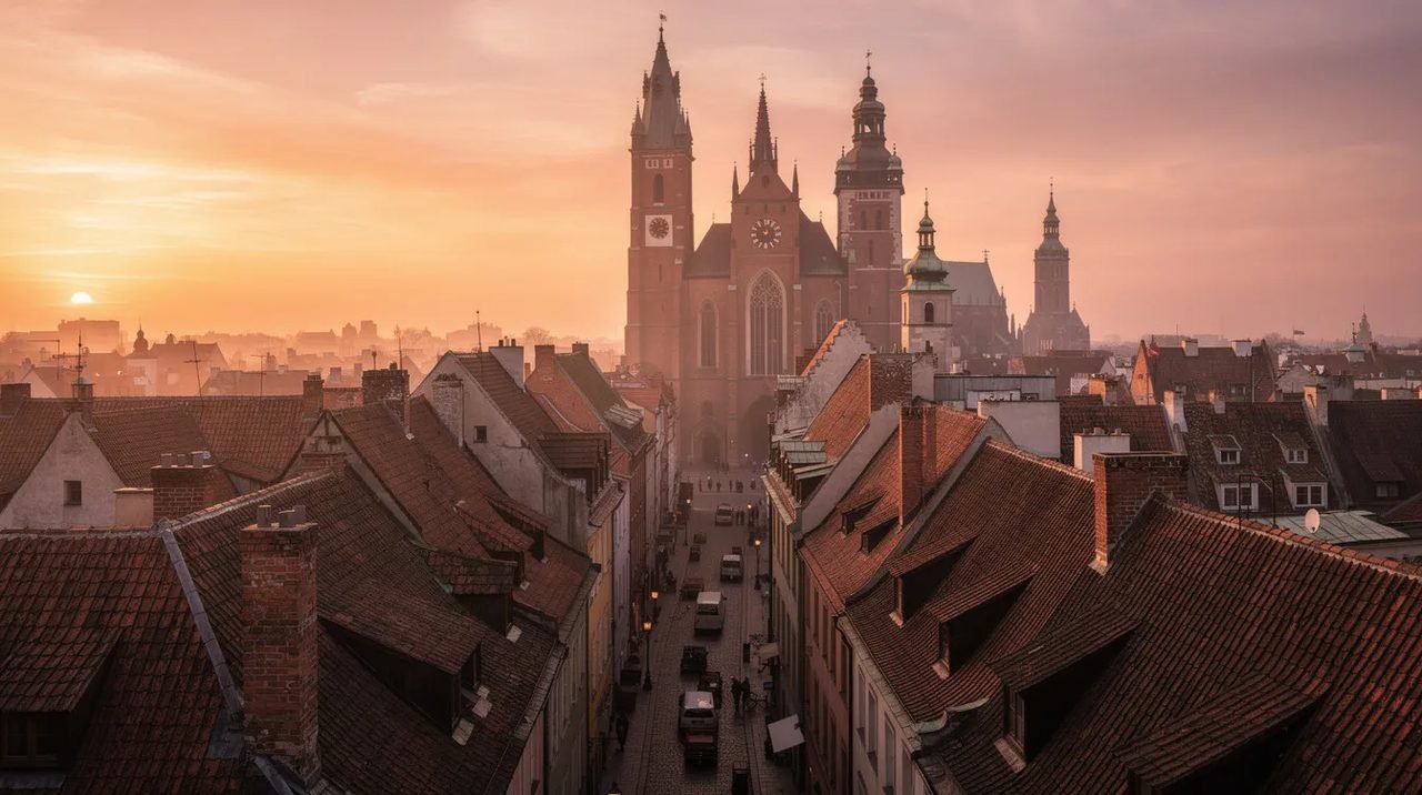 Vista panorâmica da cidade antiga de Cracóvia ao pôr do sol, destacando as torres góticas das igrejas e os telhados medievais, com o Rio Vístula ao fundo, simbolizando a rica história e cultura polonesa. A imagem captura a beleza do centro histórico, um dos principais pontos turísticos da Polônia.