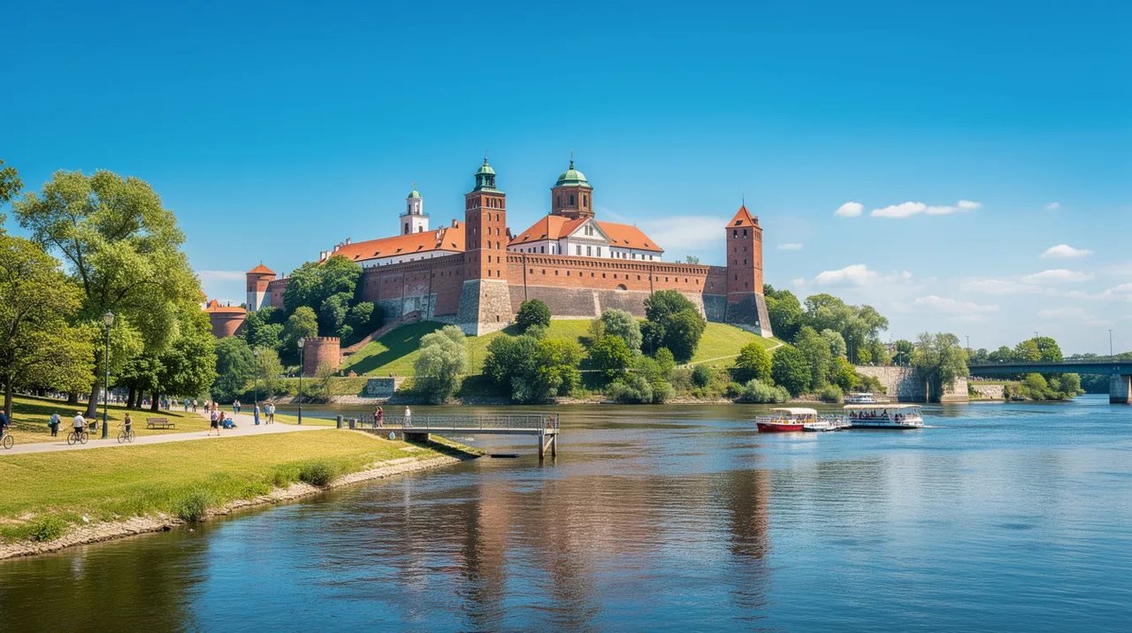 Imagem do Castelo de Wawel, em Cracóvia, com suas torres imponentes refletindo a história polonesa, situado às margens do rio Vístula em um dia ensolarado, sob um céu azul claro. O castelo é um dos principais pontos turísticos da cidade, simbolizando a rica cultura e história da Polônia.