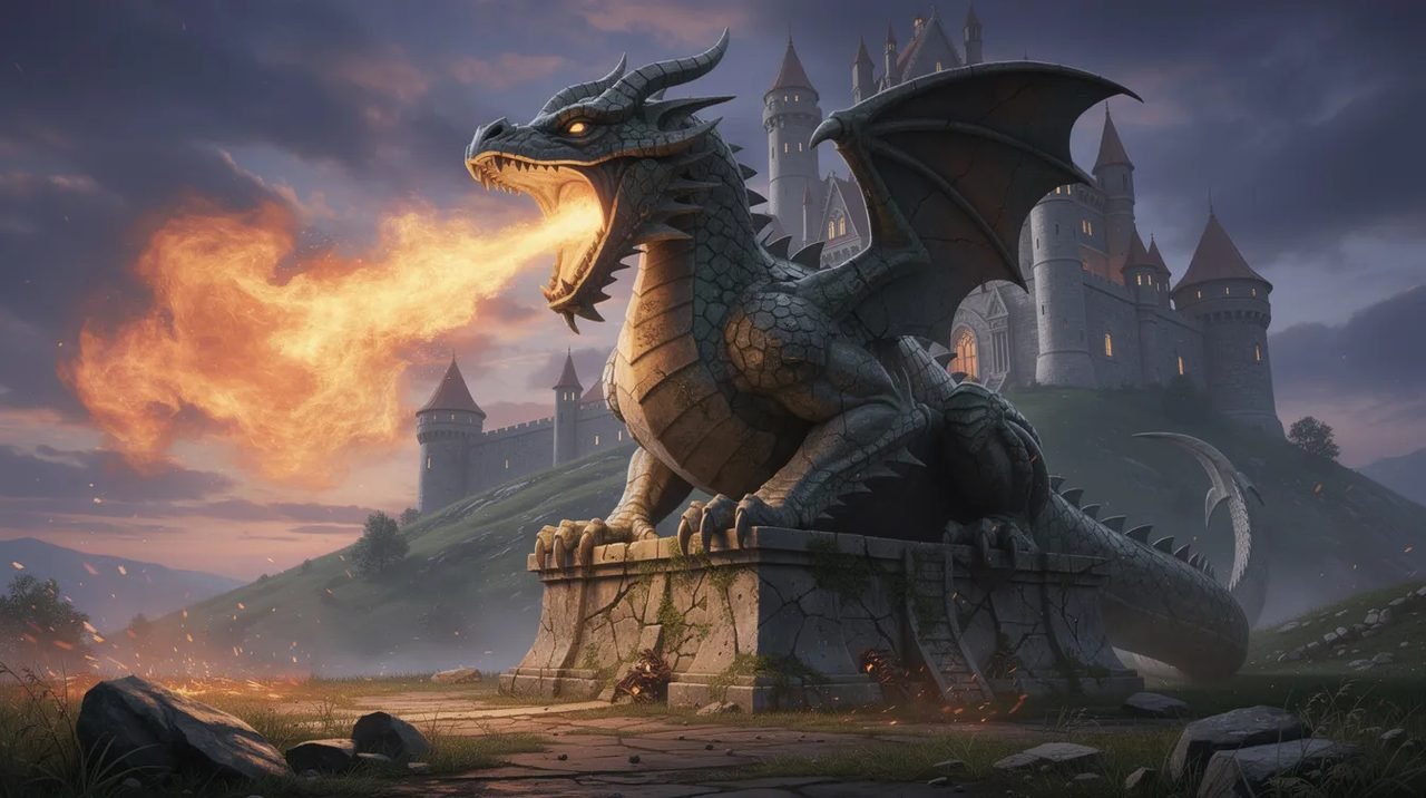 A imagem mostra uma majestosa estátua de dragão soltando fogo na base de uma colina, com um castelo medieval ao fundo, evocando a rica história e cultura da Polônia, especialmente da cidade de Cracóvia. O dragão, símbolo de lendas locais, contrasta com a arquitetura do castelo, criando uma cena impressionante e cheia de encanto.
