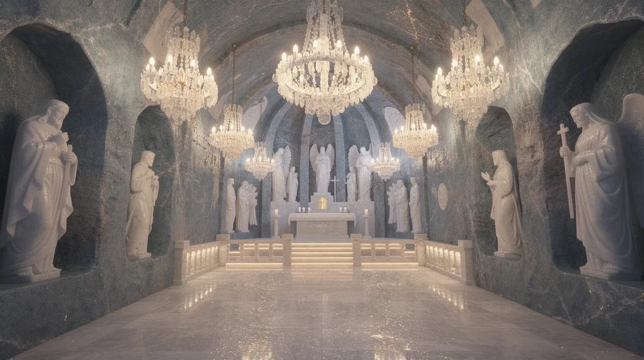 A imagem mostra o interior de uma capela subterrânea esculpida em sal, com lustres de cristais de sal que iluminam as esculturas religiosas meticulosamente trabalhadas. Este espaço impressionante reflete a rica história e cultura da Polônia, atraindo turistas em busca de pontos turísticos únicos como a catedral de sal.