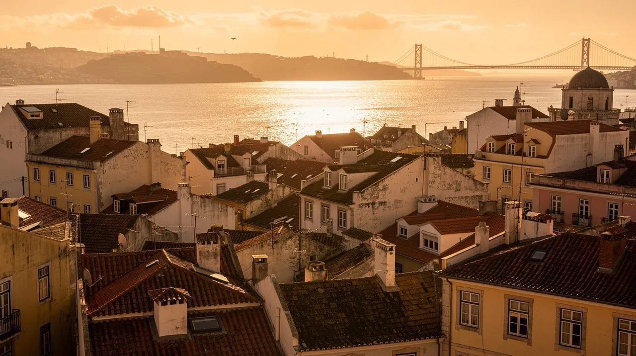 Vista panorâmica de Lisboa, destacando os telhados antigos da cidade sob a luz dourada do fim de tarde, com o rio Tejo ao fundo, criando uma atmosfera encantadora e histórica. O Castelo de São Jorge e outros marcos da capital portuguesa podem ser vistos ao longe, refletindo a rica história e cultura da região.