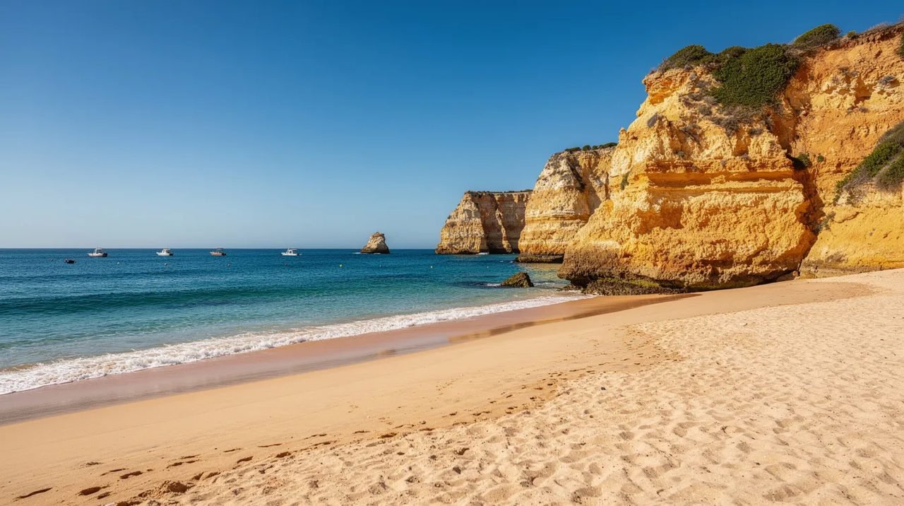 A imagem mostra falésias douradas que se elevam sobre um mar azul vibrante, com pequenos barcos ao longe, criando uma cena típica da praia do Algarve. Este cenário destaca a beleza natural da região, convidando a uma experiência relaxante à beira-mar.