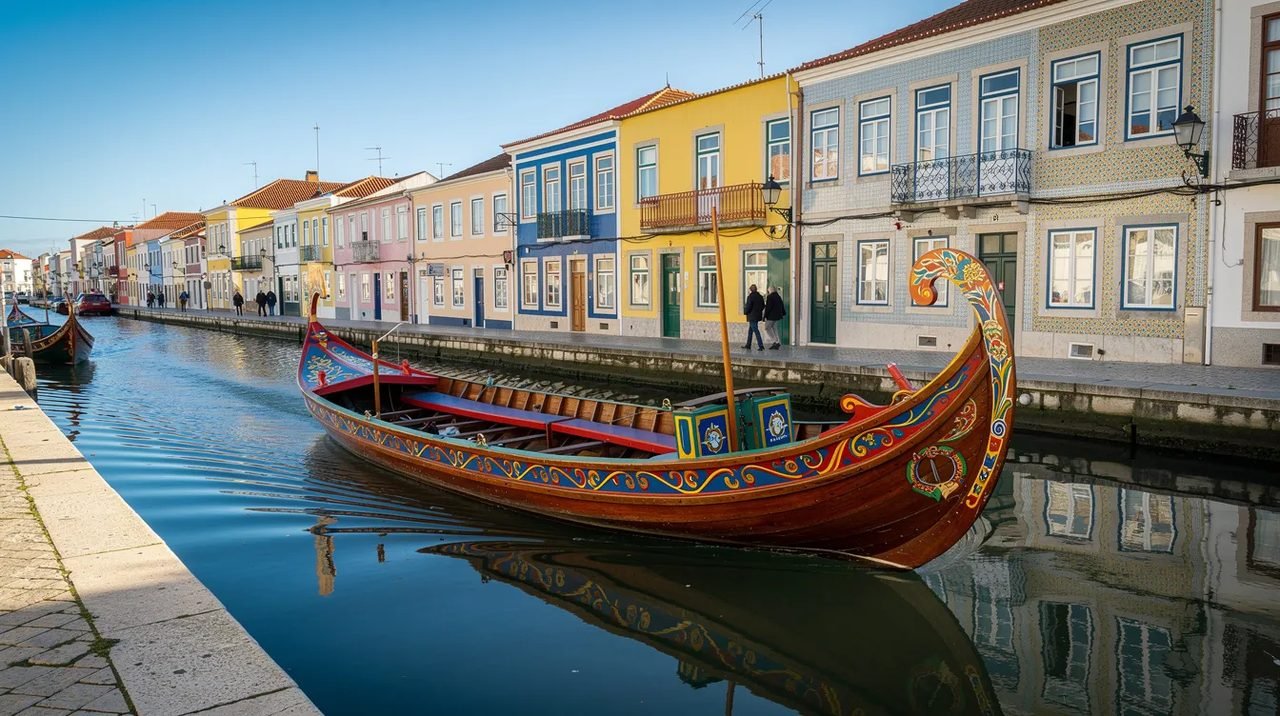 Um barco tradicional navega pelos canais de Aveiro, com fachadas coloridas de edifícios ao fundo, refletindo a charmosa atmosfera da cidade. A cena captura a essência da cultura portuguesa, destacando a beleza dos transportes aquáticos na região.