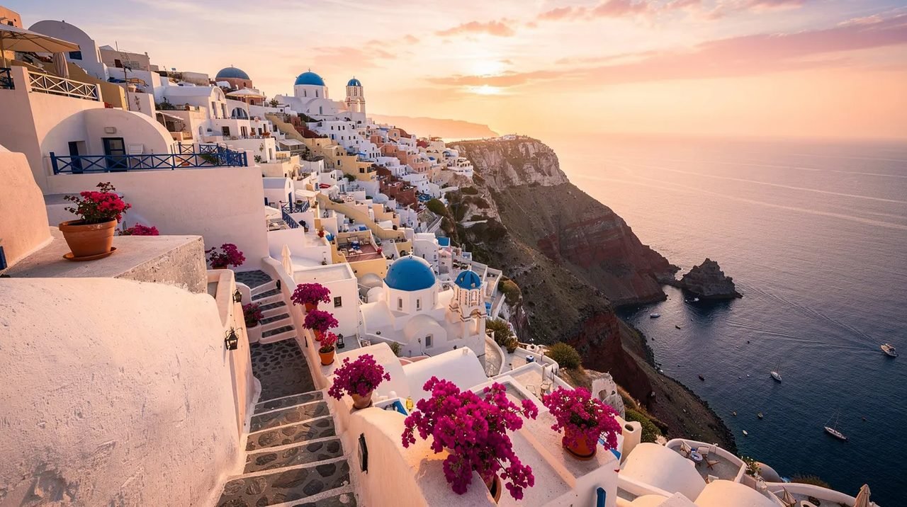 A imagem retrata as deslumbrantes casas brancas de Santorini, Grécia, com suas cúpulas azuis, situadas à beira de um penhasco, sobre um mar azul profundo. Este destino é conhecido por suas paisagens de tirar o fôlego, ideal para quem busca informações sobre pacotes de viagem e passagens para o sul da Europa.