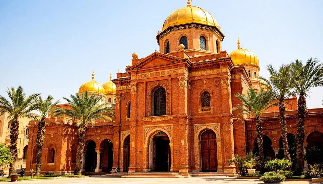 A imagem mostra uma antiga igreja copta no Cairo, com cúpulas e uma arquitetura tradicional egípcia, refletindo a rica herança do cristianismo copta. Este local sagrado é parte da rota da Sagrada Família no Egito, onde a Virgem Maria e o Menino Jesus buscaram refúgio.