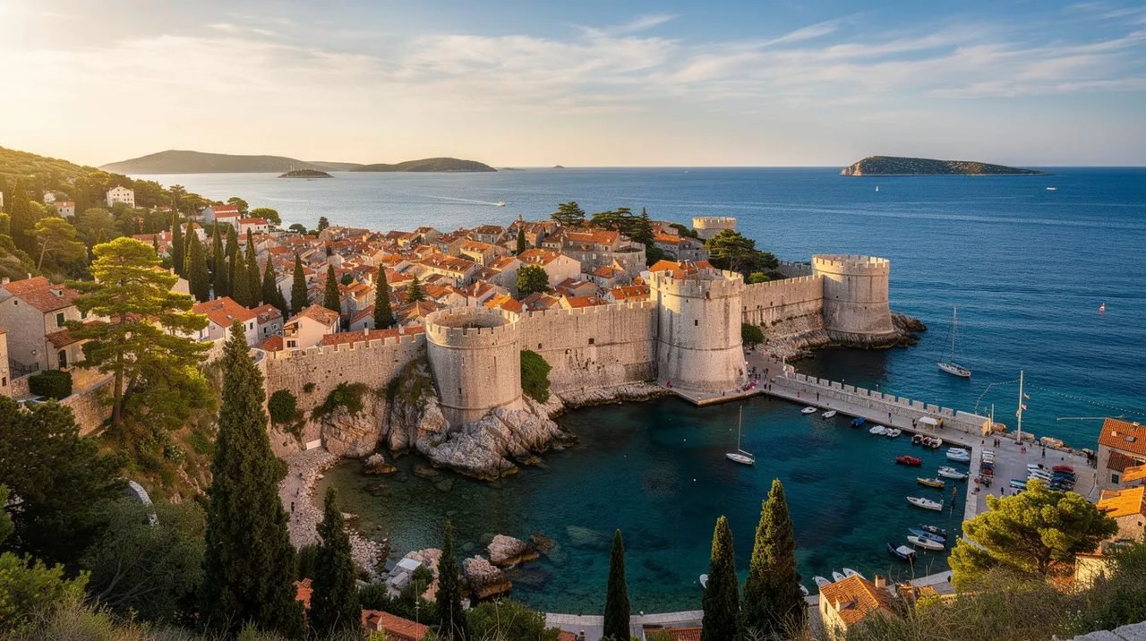 Um panorama deslumbrante da costa croata, com muralhas medievais que se erguem majestosas à beira-mar, enquanto o mar azul cristalino se estende ao fundo, refletindo a luz do sol em um dia claro. A cena captura a beleza natural e histórica da região, atraindo turistas e amantes da arquitetura.