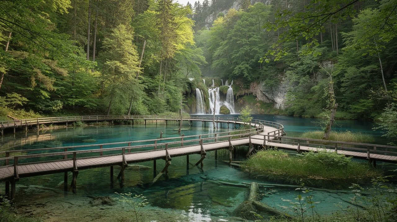 Imagem dos Lagos de Plitvice, mostrando passarelas de madeira que se estendem sobre águas turquesa rodeadas por uma densa floresta. O cenário natural é exuberante e reflete a beleza da Croácia, convidando à contemplação e ao turismo.