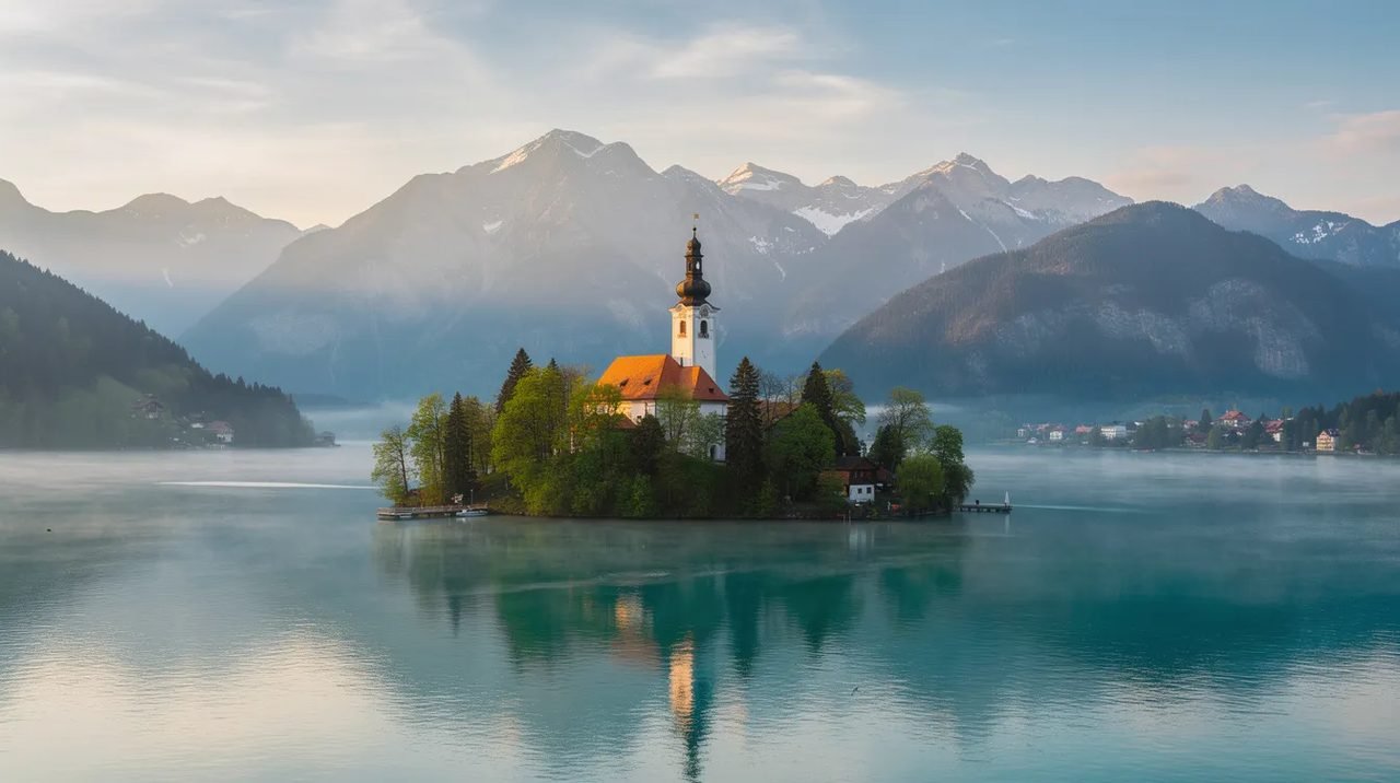 Imagem do Lago Bled, na Eslovênia, com uma ilha central que abriga uma igreja branca. Ao fundo, destacam-se montanhas cobertas de neve, criando uma paisagem serena e deslumbrante.